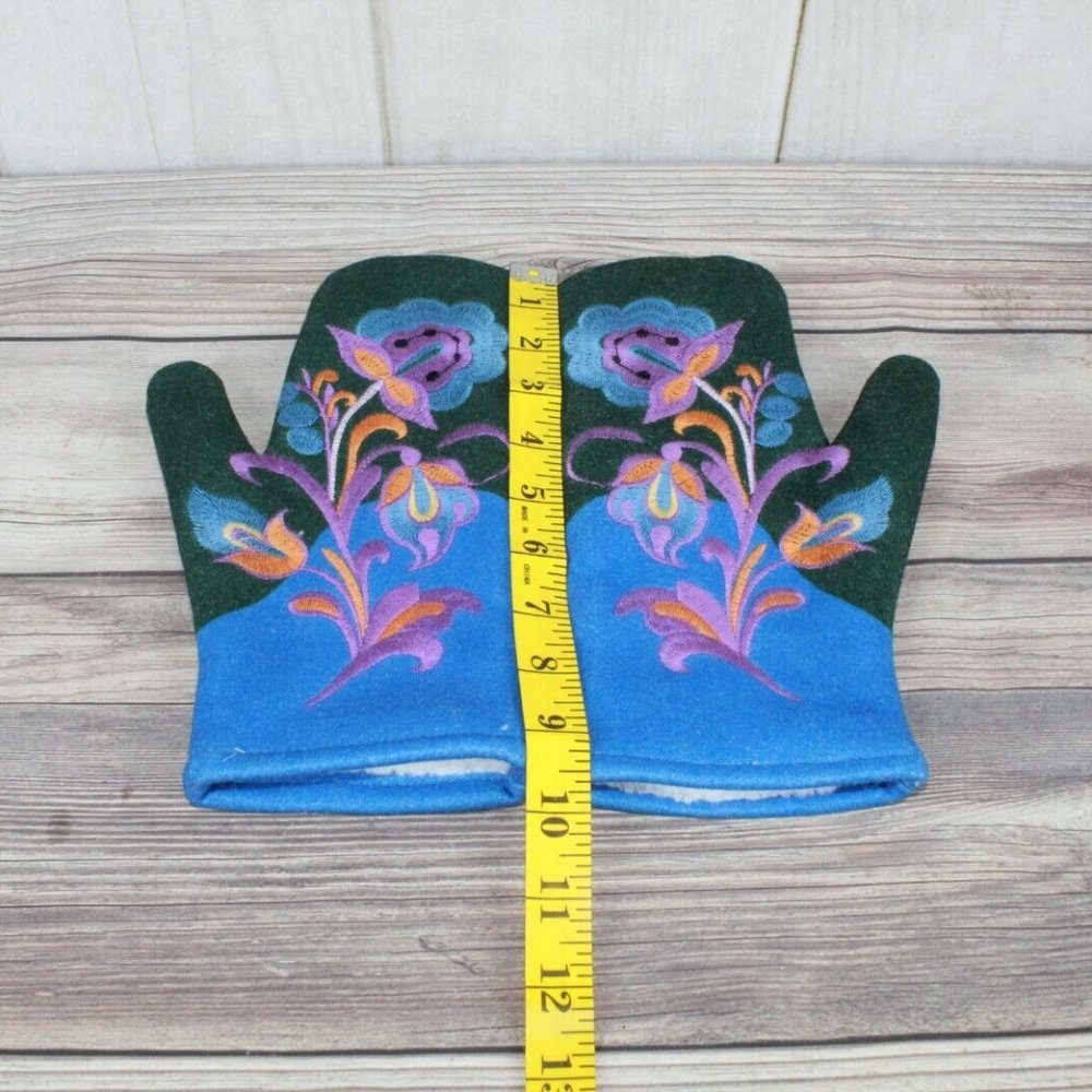 New! Blue Green Wool Floral Embroidered Faux Fur Lined Felt Mittens Size Large - Picture 8 of 10